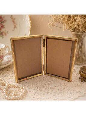 Vintage MCM Ornate Gold Tone Metal Frame Floral Bifold Picture Frame 5 x 3.5"
